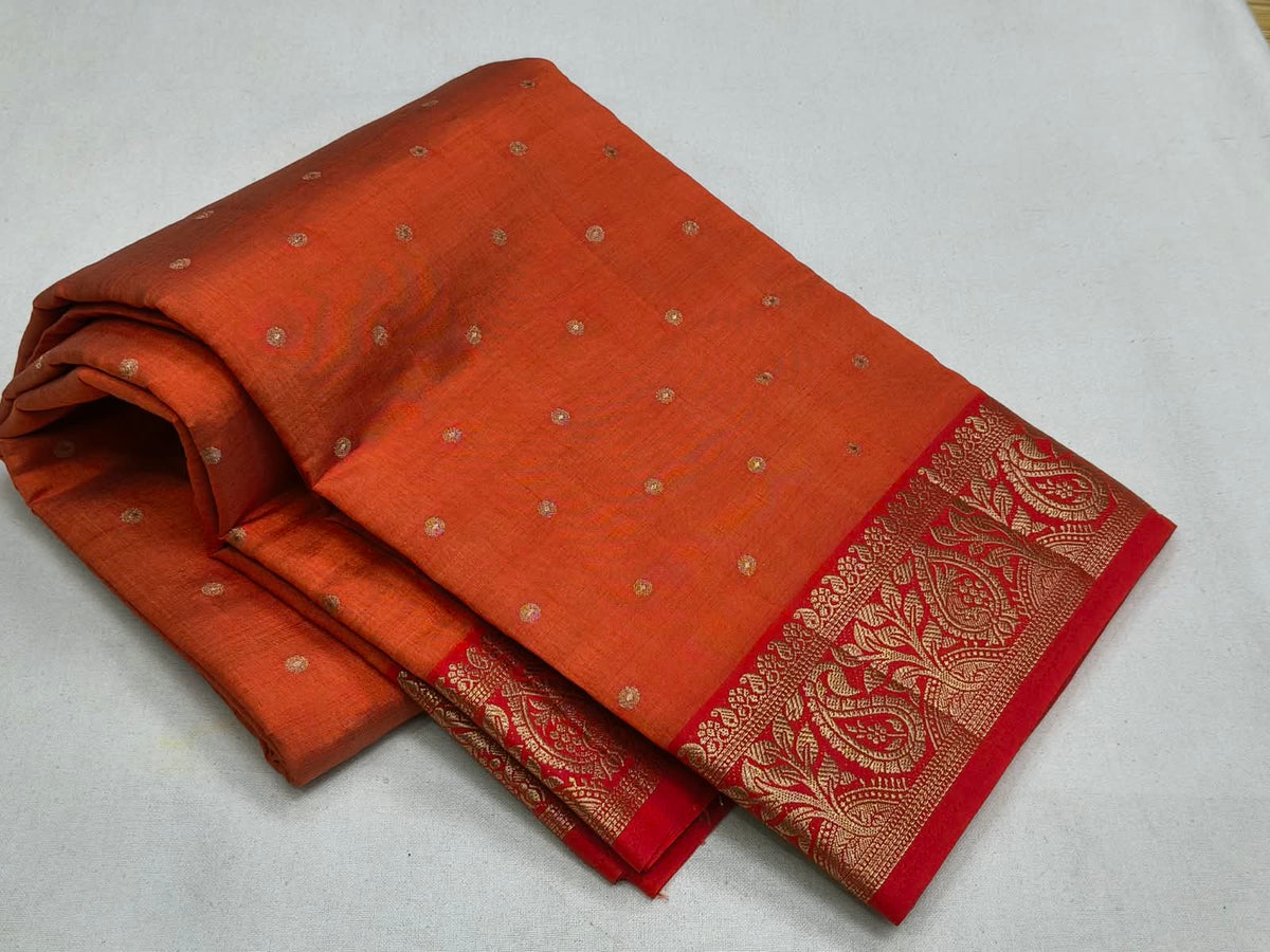 Semi Tussar Silk Saree with Vibrant Orange Zari Booti Work & Contrast Red Floral Border