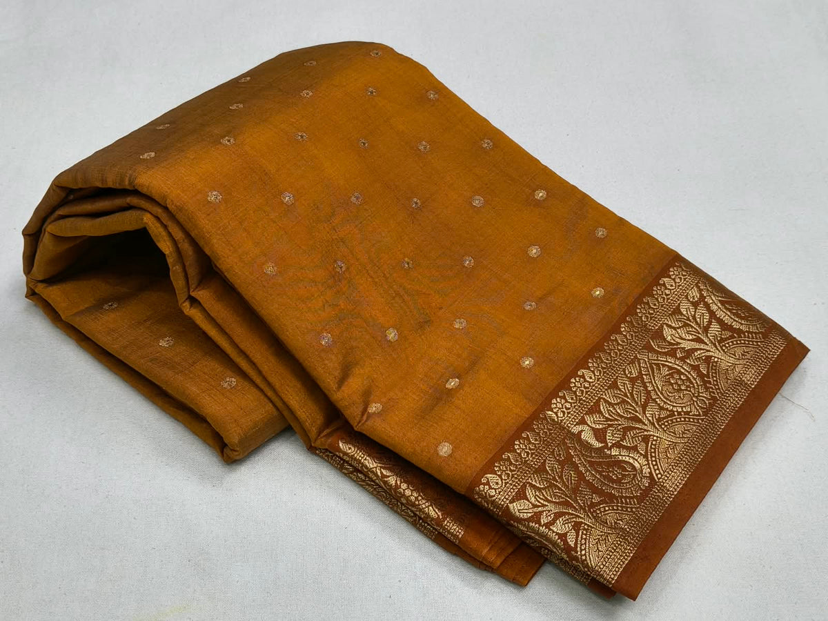 Semi Tussar Silk Saree with Aunty GoldZari Bootis & Paisley Border