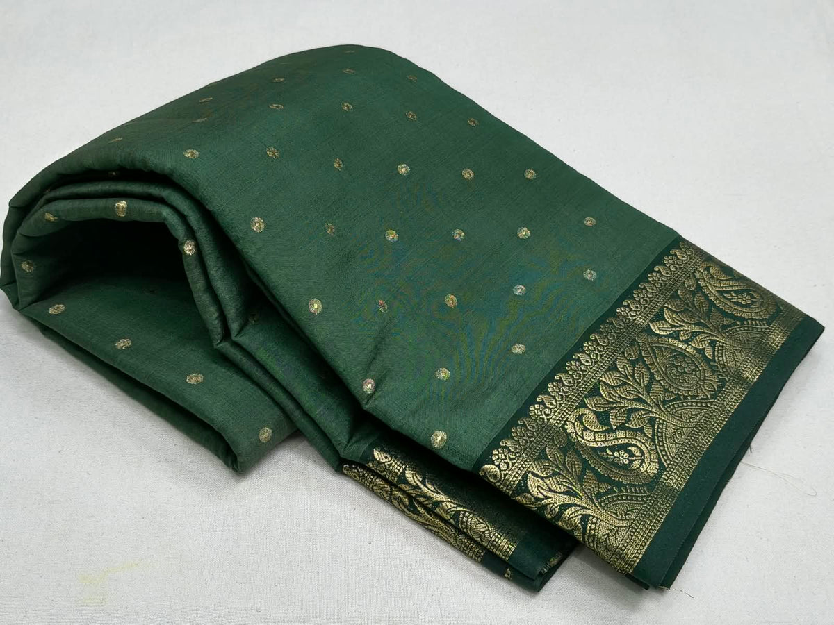 Forest Green Semi Tussar Silk Saree with Gold Zari Booti Work & Woven Paisley Border