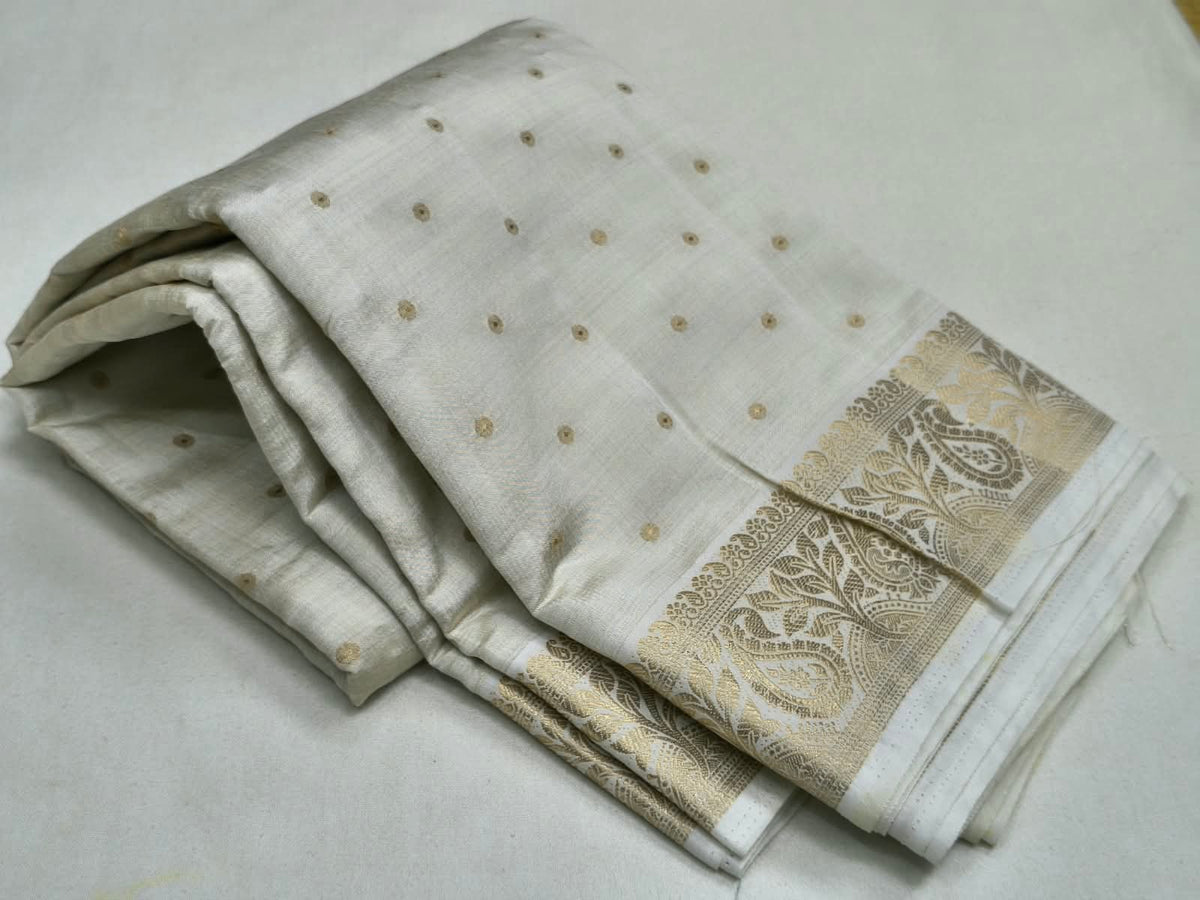 Semi Tussar Silk Saree Light Grey with Soft Gold Zari Bootis & Paisley Border