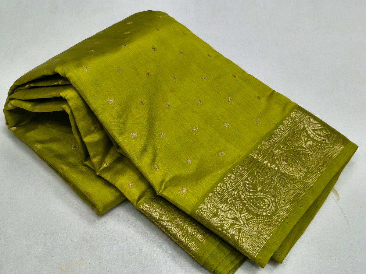 Olive Green Semi Tussar Silk Saree with Gold Zari Booti Work & Woven Paisley Border