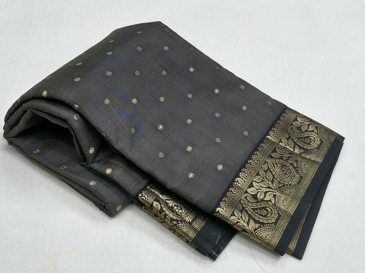 Charcoal Black Semi Tussar Silk Saree with Antique Gold Zari Bootis & Paisley Border