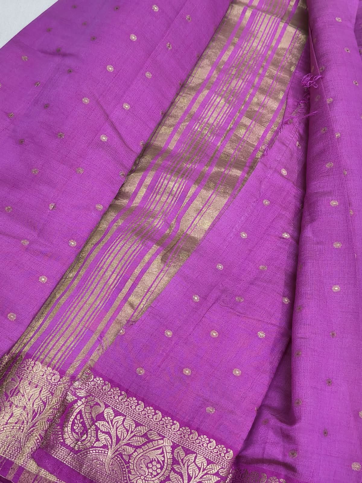 Bright Magenta Purple Semi Tussar Silk Saree with Gold Zari Booti Work & Woven Paisley Border