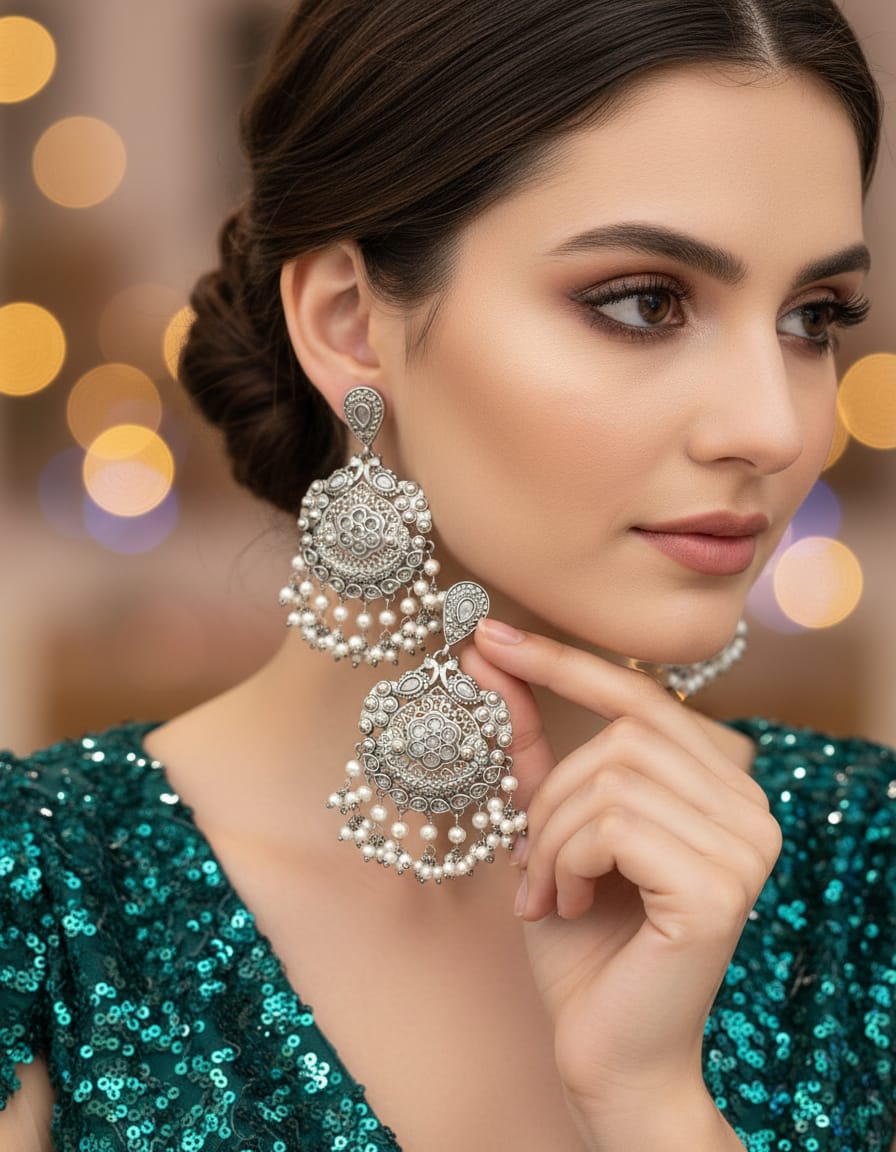 Elegant Pearl Earrings in Silver Look Alike with Monalisa Stone