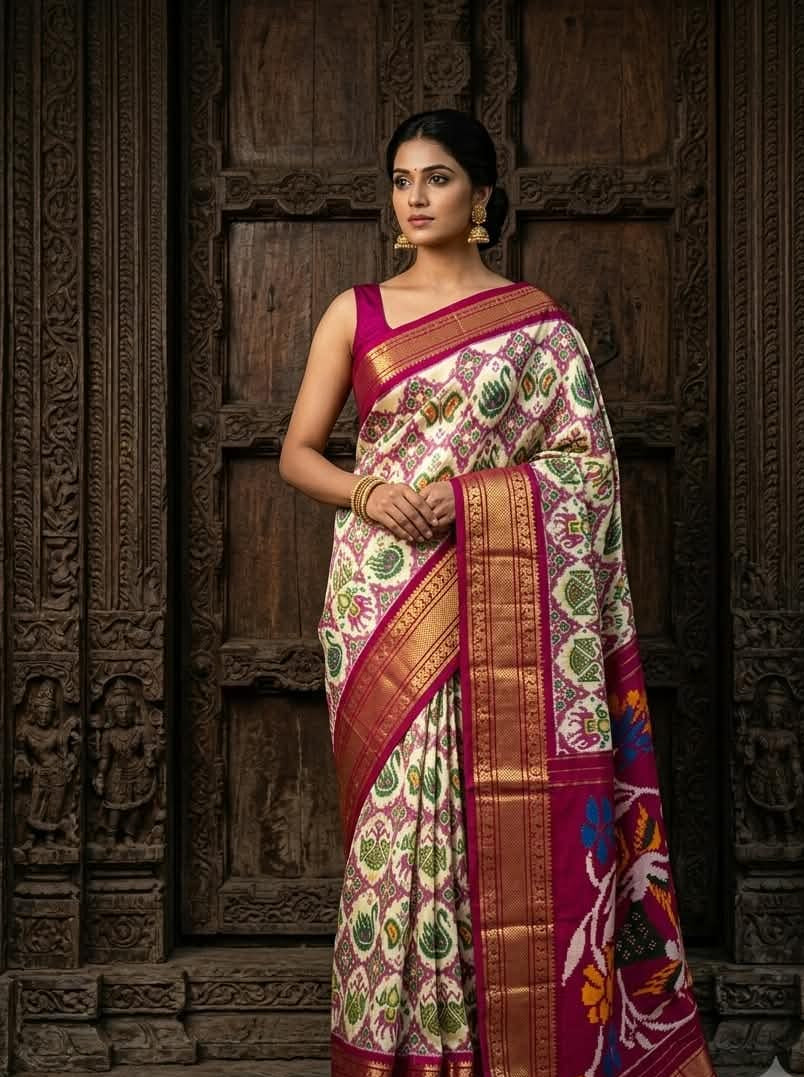 Exclusive Ikkat Silk Saree – Off-White & Magenta Pink Patola-Style Madthas and Designer Contrast Pallu