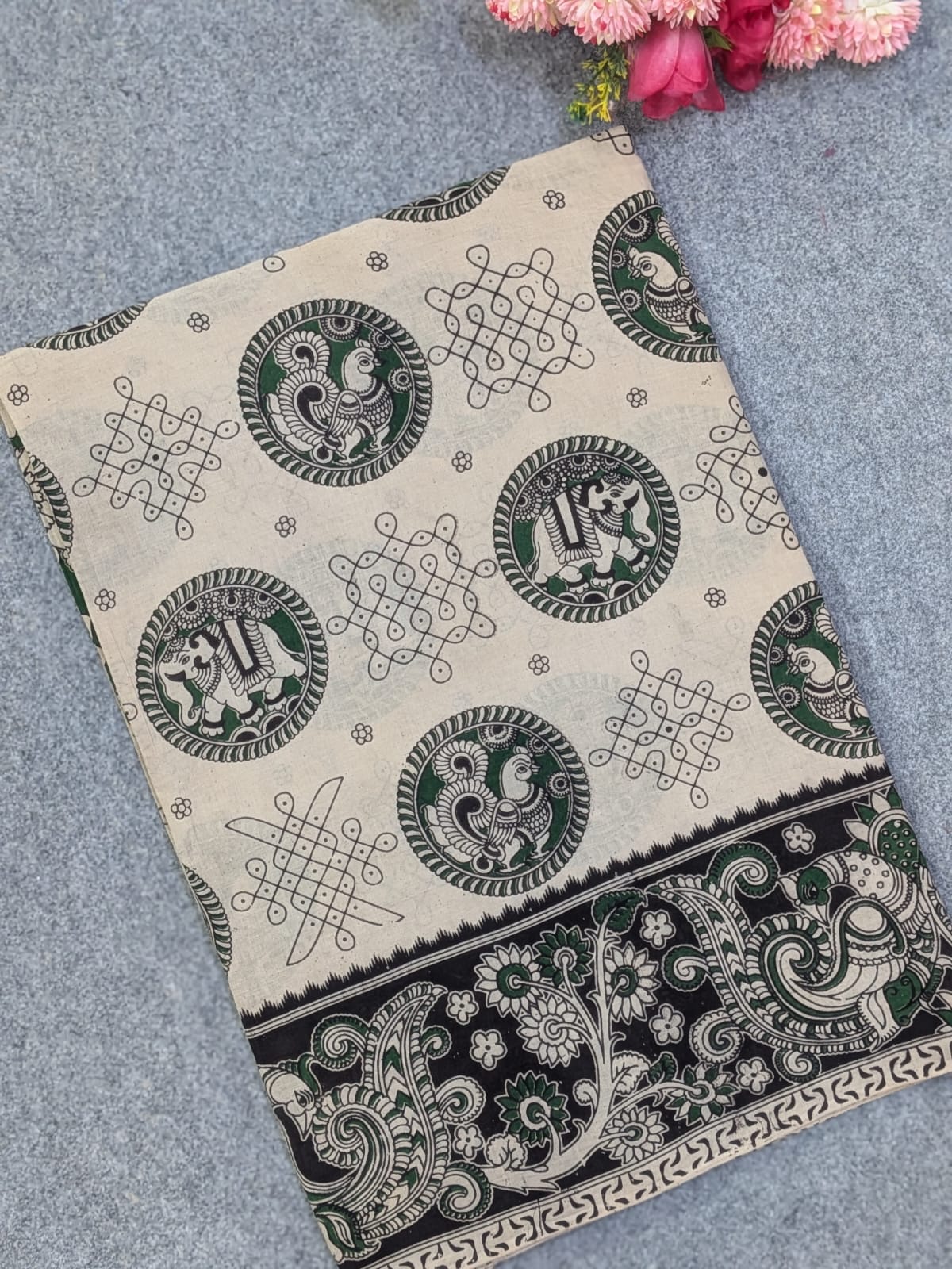 Off-White & Bottle Green Kalamkari Soft Cotton Saree with Elephant & Peacock Medallions Border