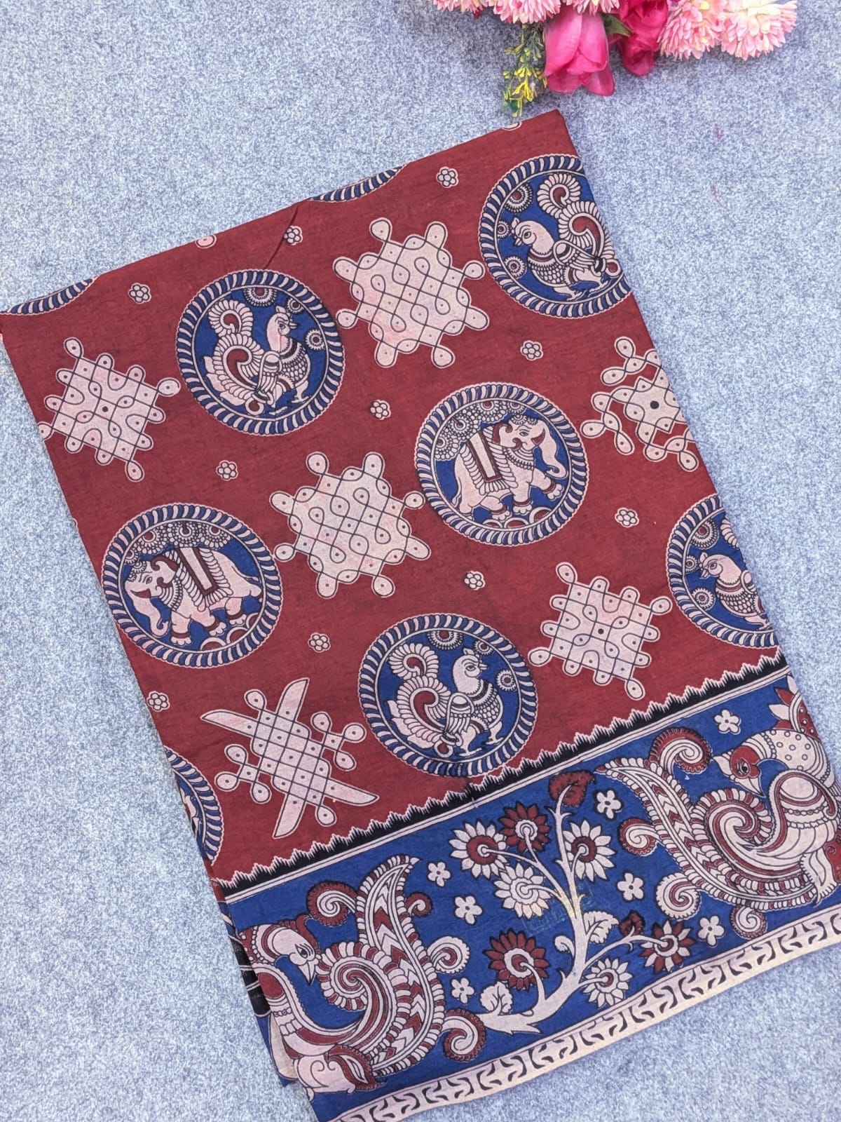 Rust Red & Indigo Blue Kalamkari Soft Cotton Saree with Kolam & Elephant-Peacock Motifs Border