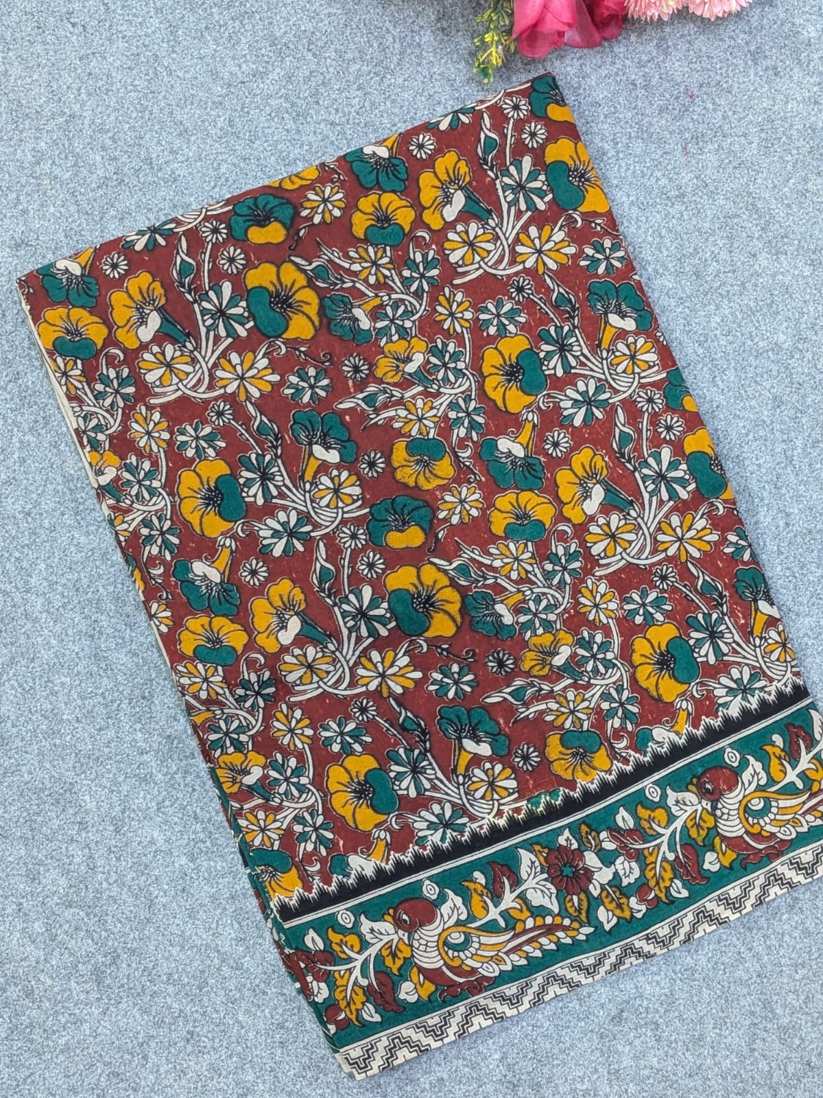 Maroon & Teal Green Kalamkari Soft Cotton Saree with All-Over Floral Vines & Peacock Border