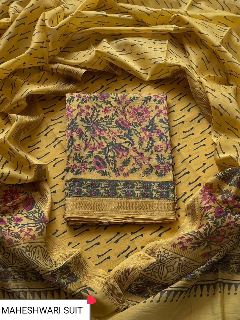 Beautifull Hand Block Print Maheshwari Silk Unstitched Suit Set – Mustard Yellow, Magenta & Charcoal Floral Jaal with Zari Border