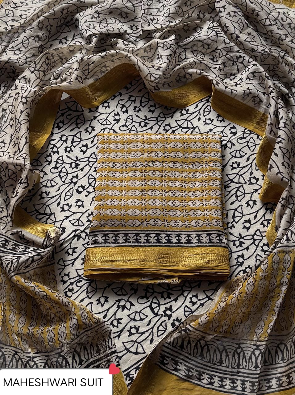Beautiful Hand Block Print Maheshwari Silk Unstitched Suit Set – Mustard Yellow, Charcoal Black & Off-White Geometric Stripes with Floral Jaal
