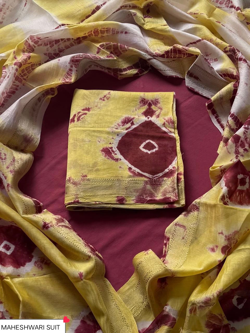 Beautiful Hand Block Print & Shibori Tie-Dye Maheshwari Silk Unstitched Suit Set – Sunshine Yellow & Crimson Maroon Bandhani Diamond Motif with Gold Zari Border