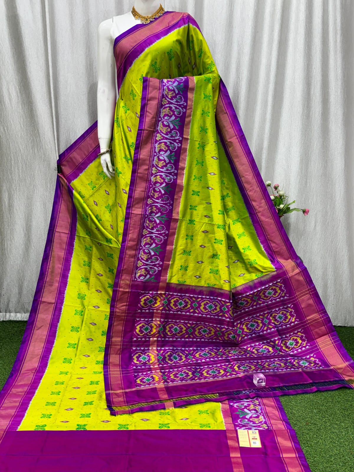 Pochampally Double Ikkat Silk Saree in Lemon Yellow –Contrast Purple Floral Pallu & Gold Border