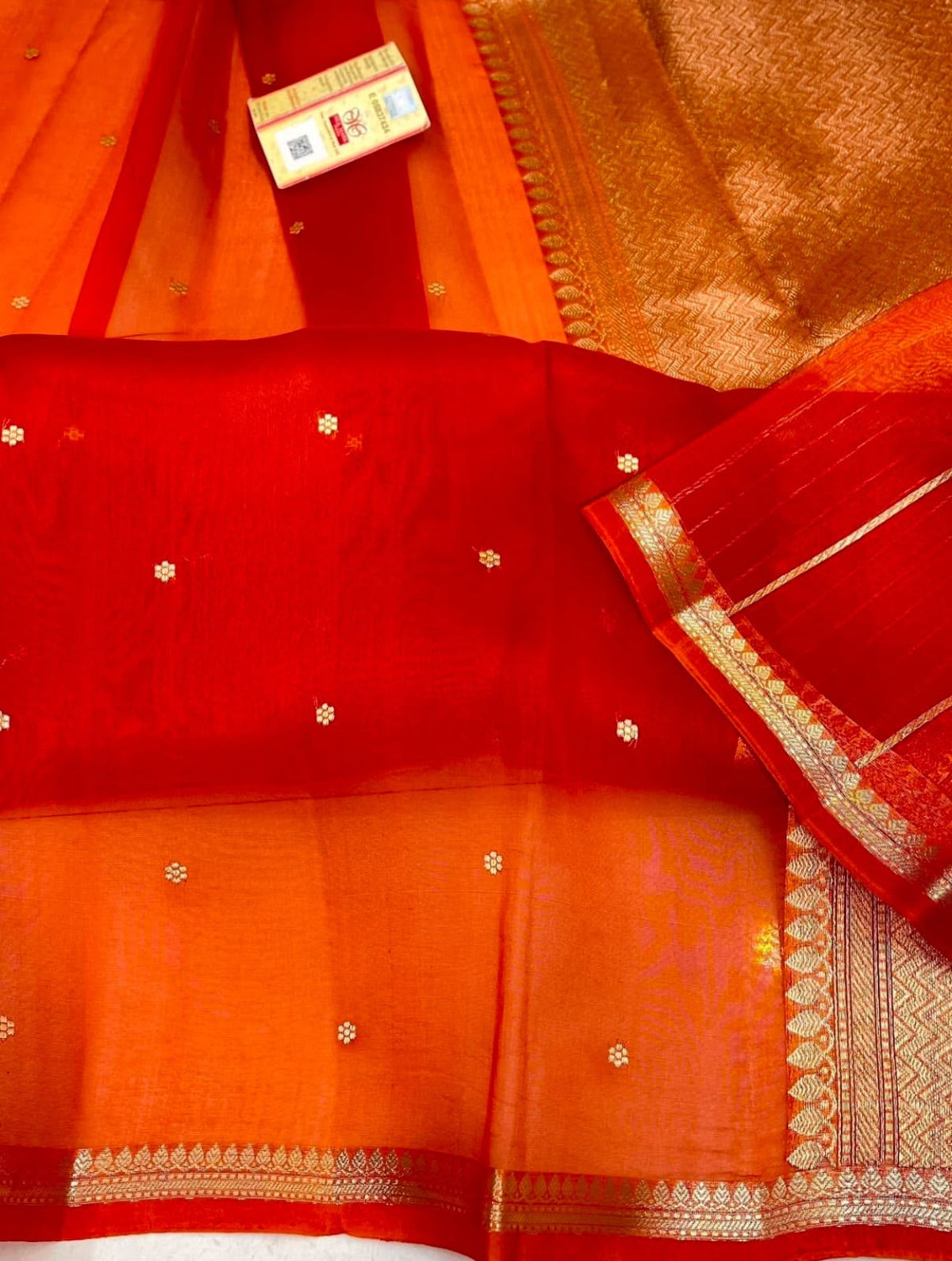 Handloom Banarasi Kora Silk Saree Bright Red & Orange with Antique Kaduwa Zari Weave