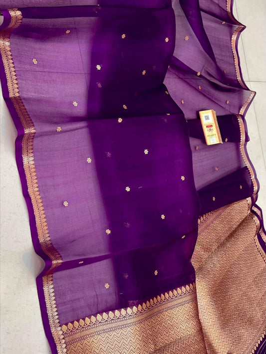 Handloom Banarasi Kora Silk Saree Deep Royal Purple with Antique Kaduwa Zari Weave