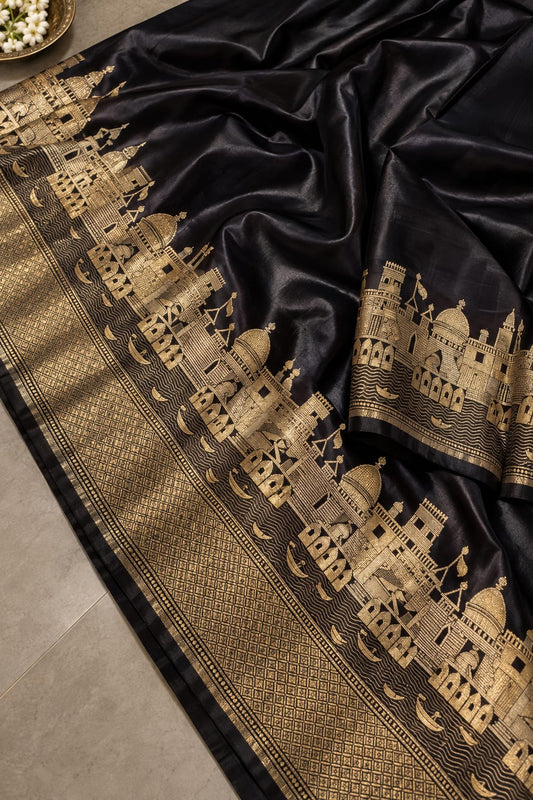 Alluring Banarasi Mashru Pure Silk Saree – Royal Black with Ganga Ghat Woven Border
