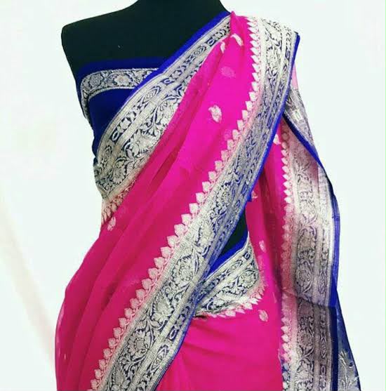 Handloom Banarasi Pure Khaddi Chiffon Saree – Bright Rani Pink & Royal Blue Contrast with Silver Zari Border