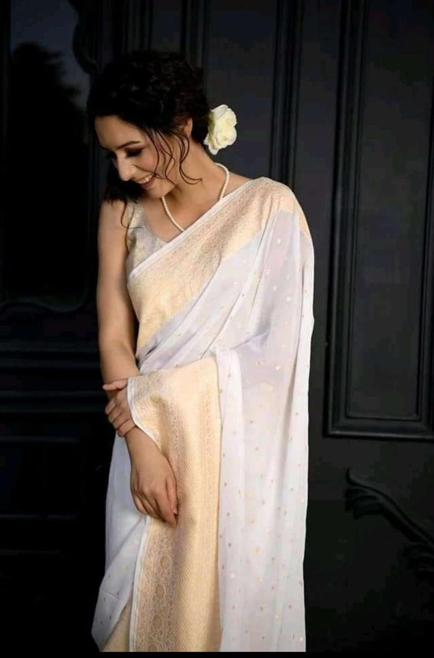 Handloom Banarasi Pure Khaddi Chiffon Saree – Pristine White with Fine Gold Zari Weave & Floral Borders