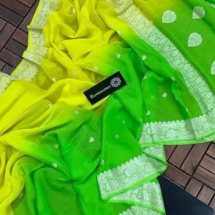 Handloom Banarasi Pure Khaddi Chiffon Saree – Lemon Yellow & Parrot Green Shade with Silver Zari Border