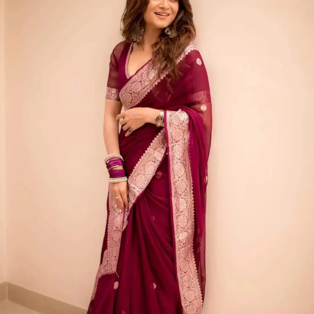 Handloom Banarasi Pure Khaddi Chiffon Saree – Maroon-Red with Fine Silver Zari Weave & Intricate Floral Border