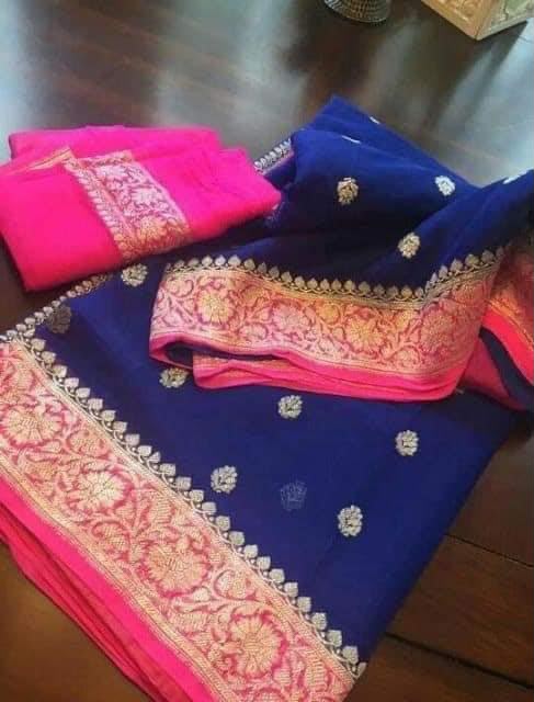 Handloom Banarasi Pure Khaddi Chiffon Saree – Royal Blue & Rani Pink Contrast with Fine Silver Zari Border