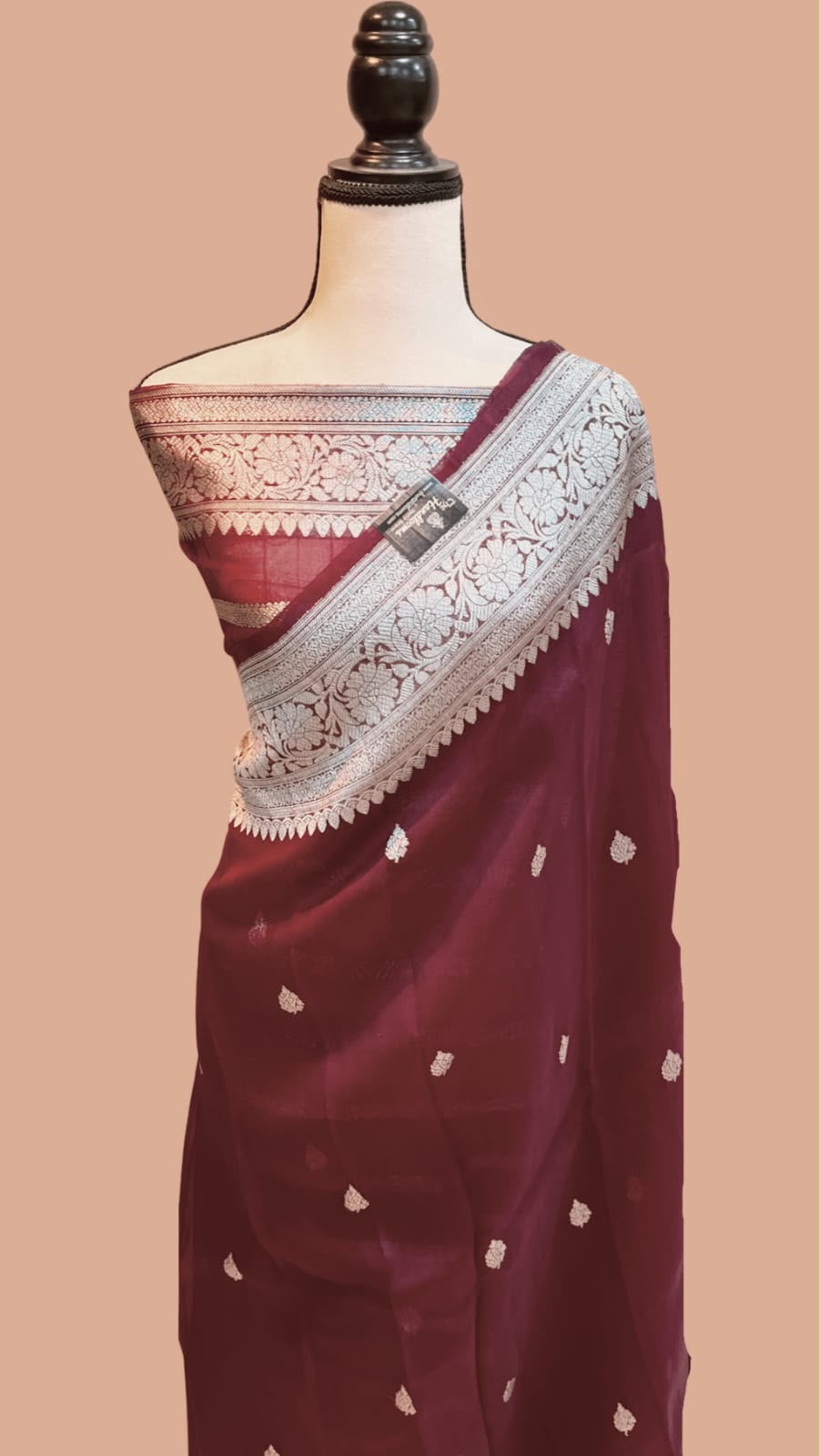 Handloom Banarasi Pure Khaddi Chiffon Saree – Deep Maroon / Burgundy with Silver Zari Motifs & Intricate Floral Border