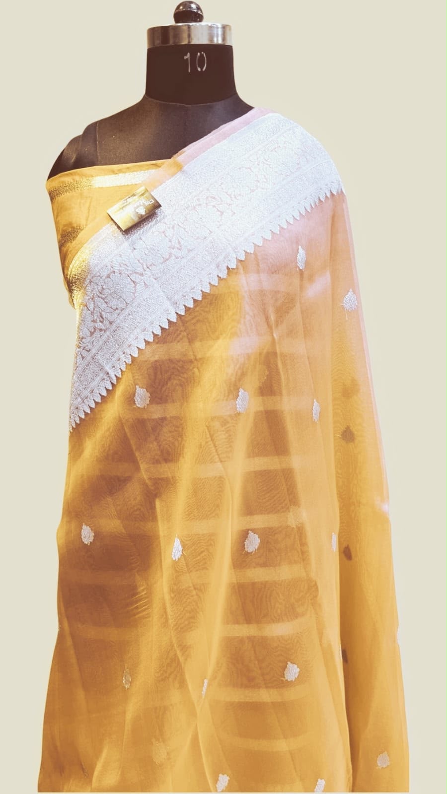 Handloom Banarasi Pure Khaddi Chiffon Saree – Pastel Mustard Gold with \ Silver Zari Motifs Border