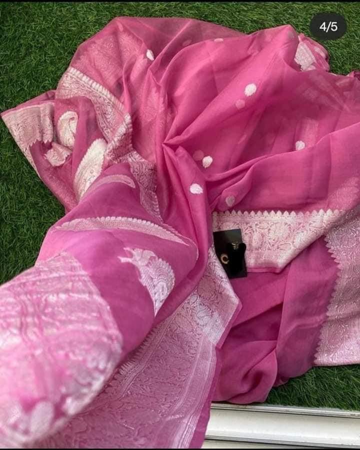 Handloom Banarasi Pure Khaddi Chiffon Saree –Rose Pink with Silver Zari Paisley Motifs Border