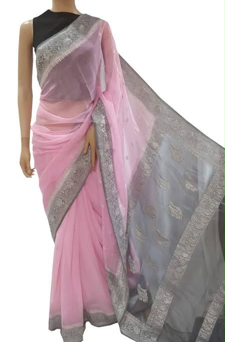 Handloom Banarasi Pure Khaddi Chiffon Saree – Baby Pink & Slate Grey Dual-Tone Gradient with Silver Zari Border