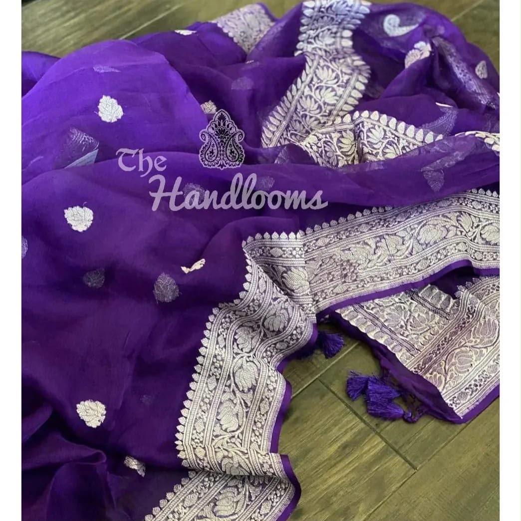 Handloom Banarasi Pure Khaddi Chiffon Saree – Royal Purple with Fine Silver Zari Floral Bootis & Border