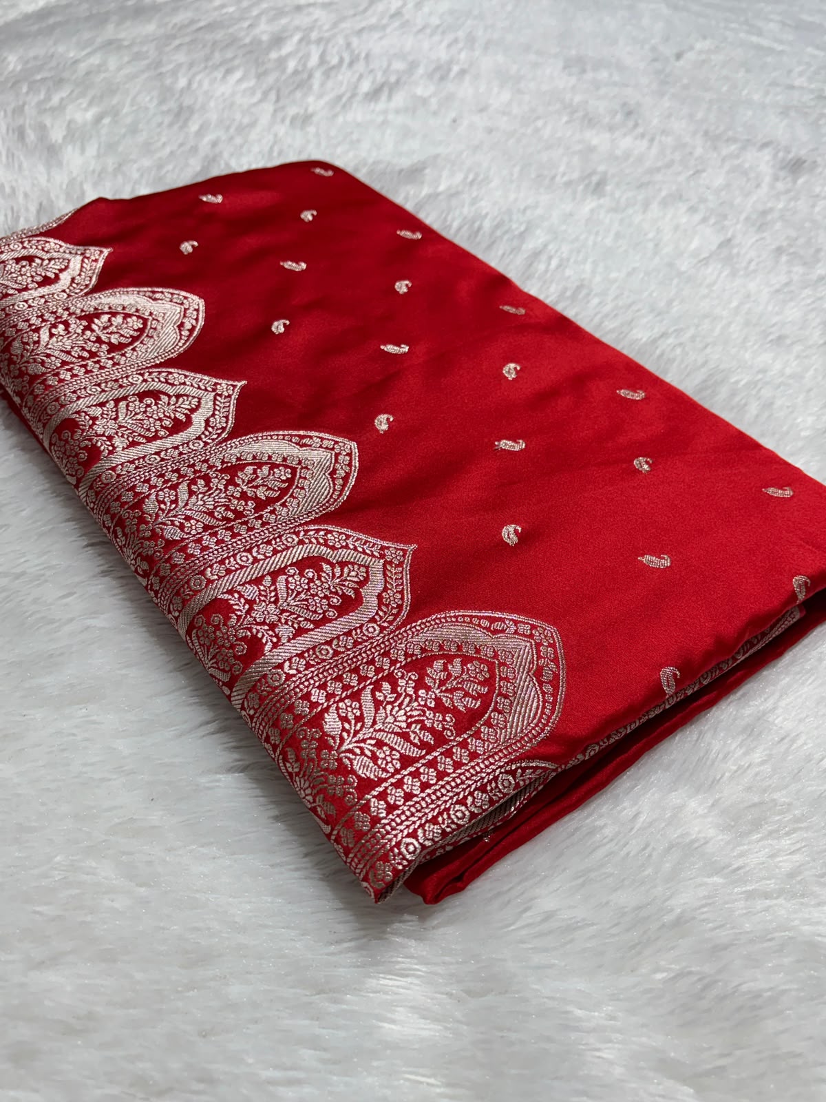 Traditional Banarasi Exclusive Premium Mashru Silk Saree in Crimson Red | All-Over Buti Pattern Rich Banarasi Silver Zari Border