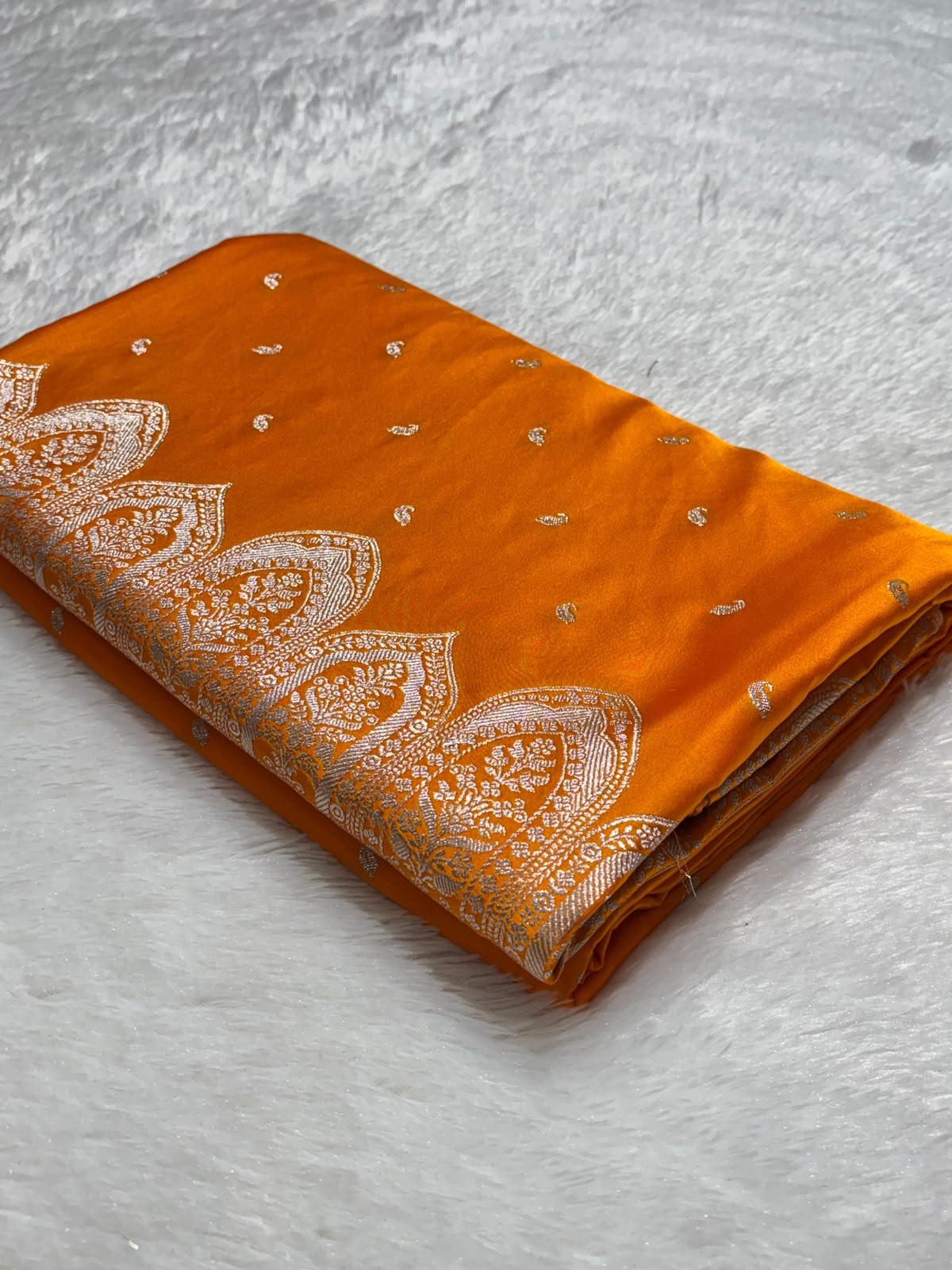 Traditional Banarasi Premium Mashru Silk Saree in Mustard Orange with Buti Pattern & Rich Silver Zari Border