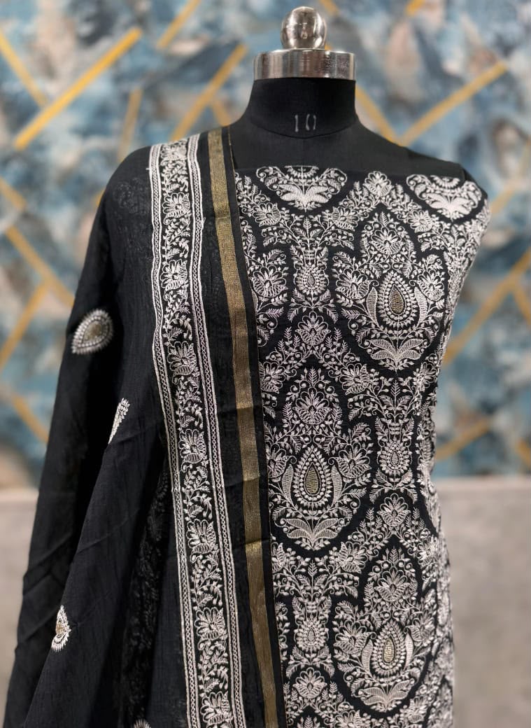 Exclusive Black Banarasi Chanderi Silk Unstitched Salwar Kameez Suit with Embroidered Dupatta