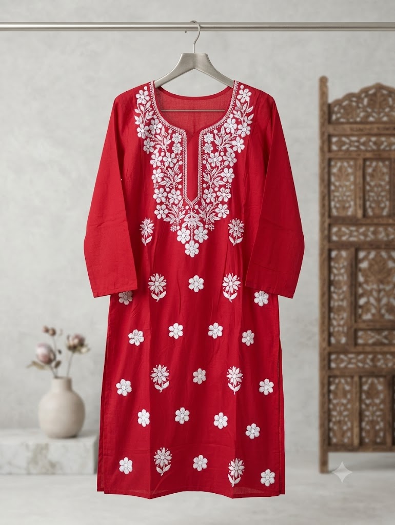 Beautiful Chikankari Embroidered Kurta' with Intricate Red Motifs