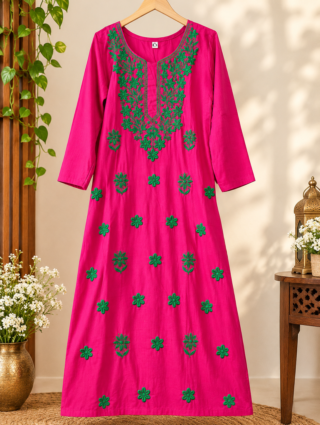 Beautiful Magenta Pink Chikankari Embroidered Kurta' with Intricate Green Floral Motifs
