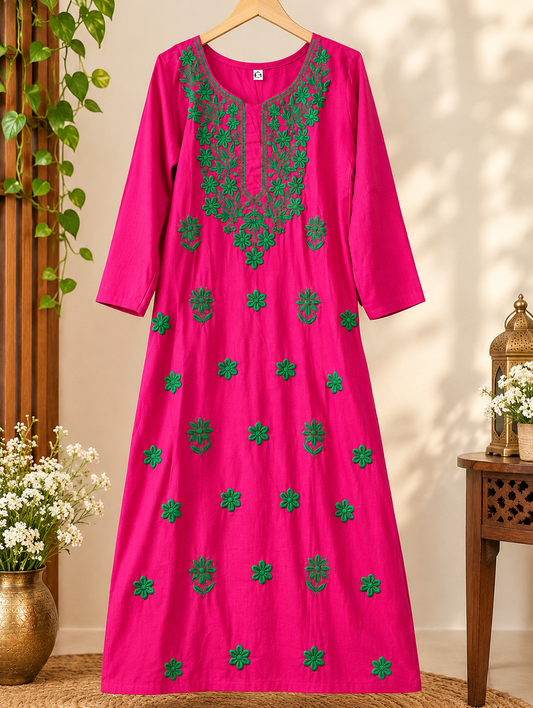 Beautiful Magenta Pink Chikankari Embroidered Kurta' with Intricate Green Floral Motifs