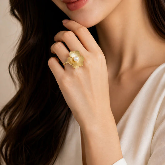 Korean Style Anti-Tarnish Gold Textured Flower Pearl Adjustable Ring