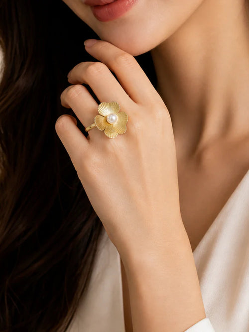 Korean Style Anti-Tarnish Gold Textured Flower Pearl Adjustable Ring