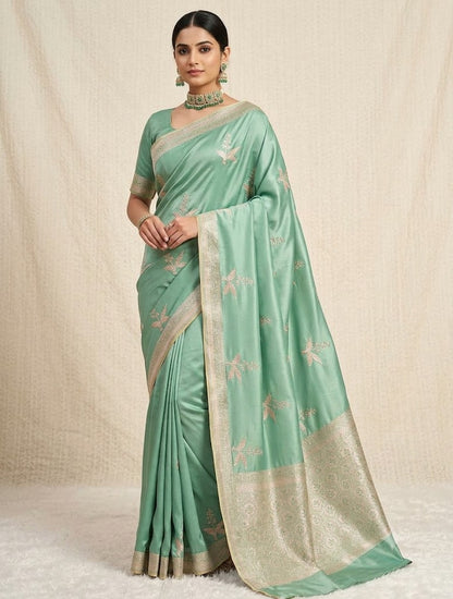 Traditional Banarasi Sea Green Mashru Katan Silk Saree Zari Border