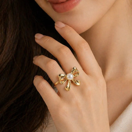 Korean Style Anti Gold Bow Pearl Statement - Ribbon Knot Accent Ring