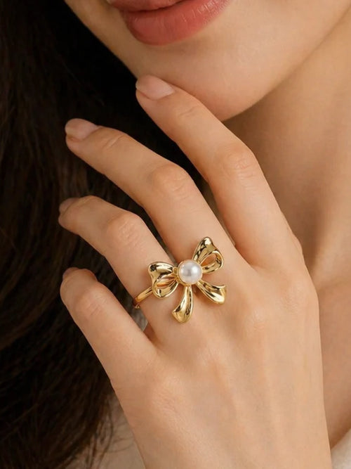 Korean Style Anti Gold Bow Pearl Statement - Ribbon Knot Accent Ring