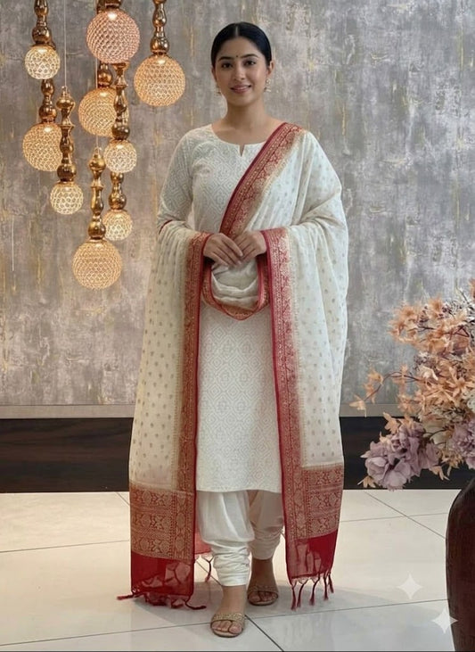 Exclusive Banarasi Mercerised Unstitched Salwar Kameez– Off-White & Crimson Red Border Resham Weaving with Lurex Dupatta