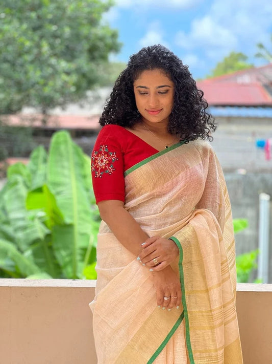 Premium woven checks Beige Linen Saree with Gold Border & Green Accent