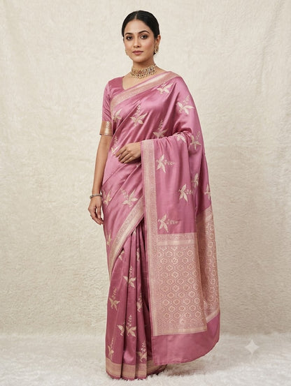 Traditional Banarasi Mauve Pink Banarasi Mashru Katan Silk Saree With Zari Border