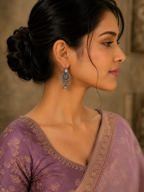 Black Oxidised Silver Mandala Drop Earrings with Turquoise Stone & Mini Jhumki
