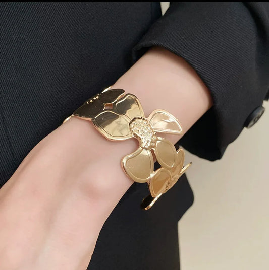 Korean Style Statement Gold Flower Cuff Bracelet