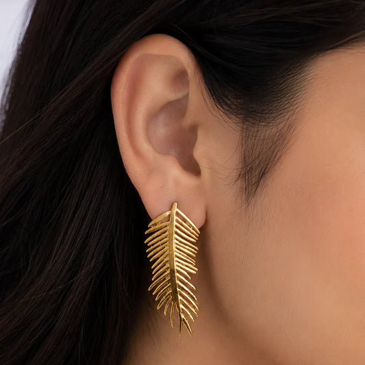 Korean Style Vintage Gold-Plated Palm Leaf Drop Earrings