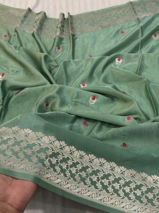Handloom Banarasi Pure Mashru Silk Saree in Soft Sea Green – Silver Reshami Zari Brocade & Meenakari Buttis