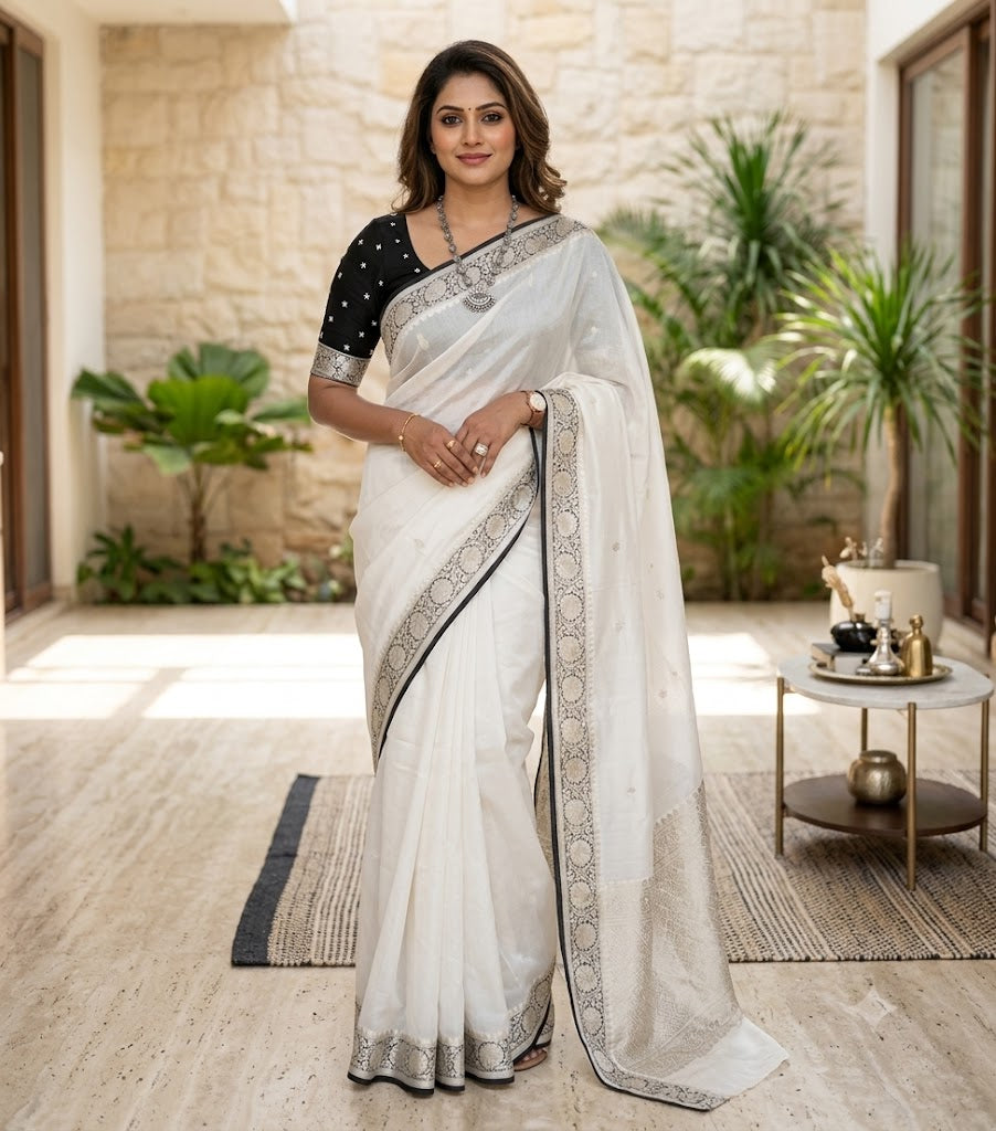 Handloom Banarasi Pure Khaddi Chiffon Saree – Pristine Off-White with Black Piping & Fine Silver Zari Border