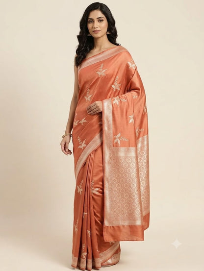 Traditional Banarasi Rust Copper Mashru Katan Silk Banarasi Saree with Floral Buti Motifs Border