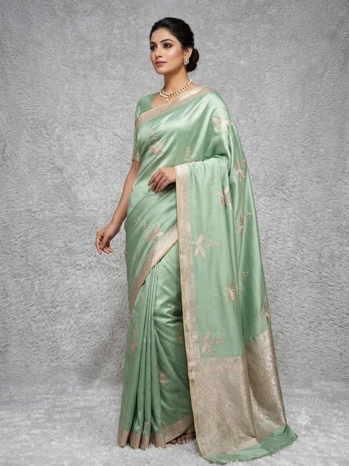 Traditional Banarasi Sea Green Mashru Katan Silk Banarasi Saree with Floral Buti Motifs Border